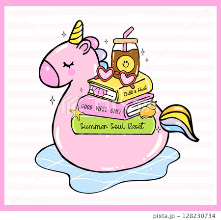 Pastel Coquette Girly Summer beach Book, stacked book on Unicorn pool ring with coffee and sunglasses, Hand Drawn Doodle with Bold Lines. 128230734