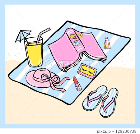 Pastel Coquette Girly Summer Beach Bookish, Book Reading lover on beach, Hand Drawn Doodle with Bold Lines in Vibrant Pastel Fisherman Aesthetic 128230739