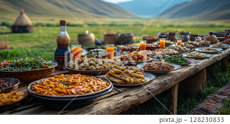 a Naadam feast table set outdoors 128230833