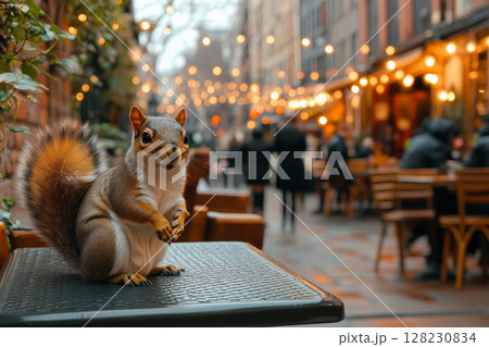 an environmental problem, wild animals in the city, a squirrel scavenging near an outdoor cafe table 128230834