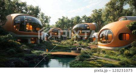 a futuristic residential area, featuring modular eco homes, shared gardens, and solar powered community spaces, surrounded by clean technology 128231073