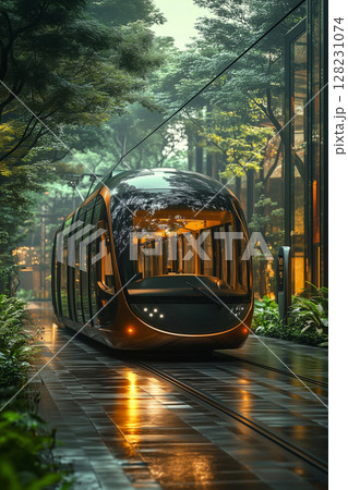 A modern electric tram at a solar station highlights the future of urban transport 128231074