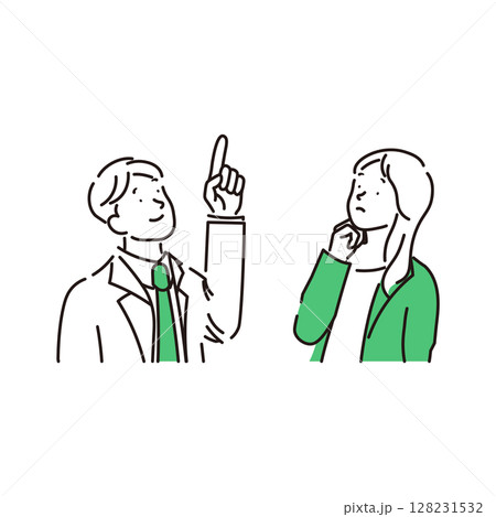 笑顔で話し合う2人のビジネスマンがミーティングをしているシンプルなイラスト素材 128231532