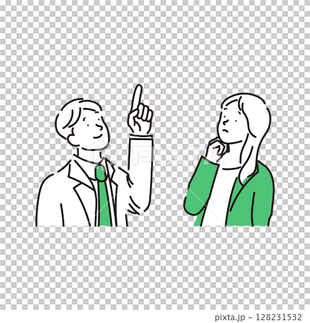 笑顔で話し合う2人のビジネスマンがミーティングをしているシンプルなイラスト素材 128231532