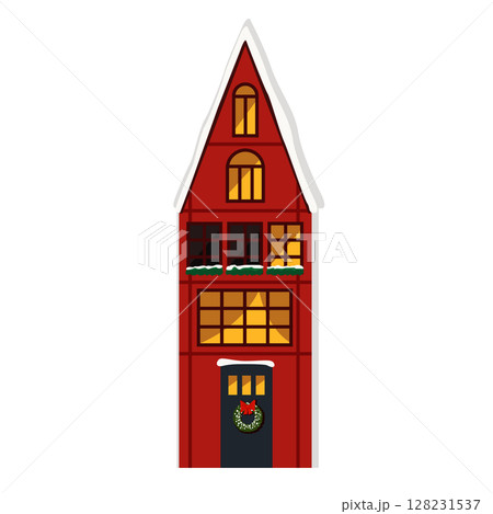 A Charming Red House Featuring a Snowy Roof, Perfectly Ideal for Festive Holiday Decor A Charming Red House Featuring a Snowy Roof, Perfectly Ideal for Festive Holiday Decor 128231537