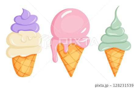 Enjoy a delightful selection of delicious ice cream cones available in various flavors Enjoy a delightful selection of delicious ice cream cones available in various flavors 128231539