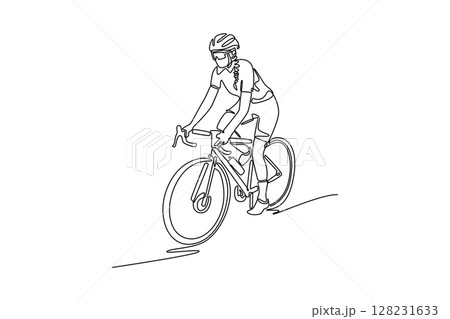 Single continuous line drawing active fearless athletic sportswoman in protective gear driving bike on steep road. Sports, health, workout, recreation. One line draw graphic design vector illustration 128231633