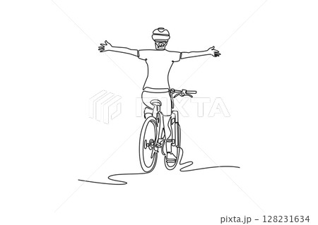 Single continuous line drawing back view professional female athlete racing cyclist riding road bike in a victory pose with arms raised. Bicycle race. one line draw graphic design vector illustration Single continuous line drawing back view professional female athlete racing cyclist riding road bike in a victory pose with arms raised. Bicycle race. one line draw graphic design vector illustration 128231634