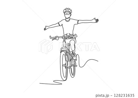 Single continuous line drawing happy female road racing cyclist winning competition with arms raised. Sportswoman successfully reaching a goal. Dynamic one line draw graphic design vector illustration 128231635
