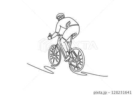 Single one line drawing full length active man in sport clothing and protective helmet riding road bike. Concept of workout, training, and race. Continuous line draw design graphic vector illustration 128231641