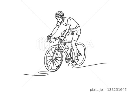 Continuous one line drawing young sportsman on road bike bicycle, male cycling athlete practicing. Concept of sports, action, motion, speed, race. Single line draw design vector graphic illustration 128231645