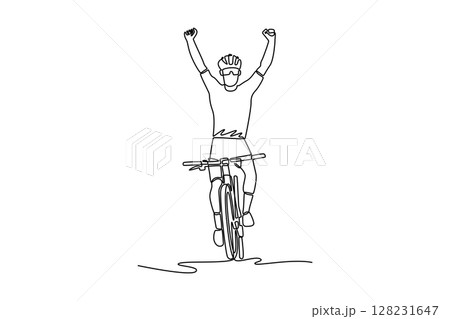 Single one line drawing front view of male cyclist successfully finishing road bike bicycle race with happy gesture. Sports motivation. Modern continuous line draw design graphic vector illustration 128231647