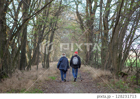 Elderly Couple Walking in Autumn Forest 128231713
