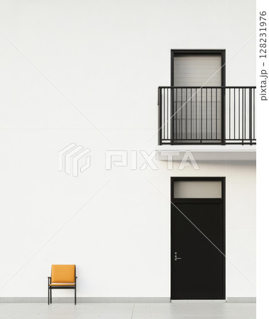Minimalist architectural design highlighting a black door and balcony with an orange chair Minimalist architectural design highlighting a black door and balcony with an orange chair 128231976