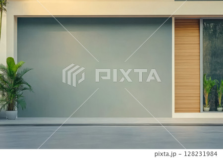 Modern facade with minimalistic design and green elements in urban setting Modern facade with minimalistic design and green elements in urban setting 128231984