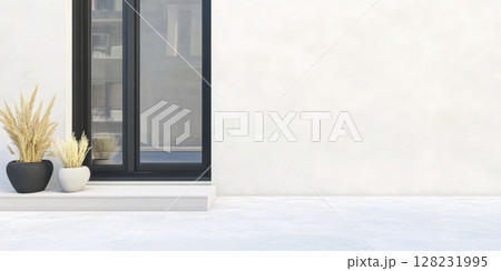 Modern minimalistic design with potted plants near window on a bright day Modern minimalistic design with potted plants near window on a bright day 128231995