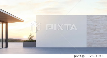Modern architecture showcases a clean design at sunset near a serene landscape 128231996