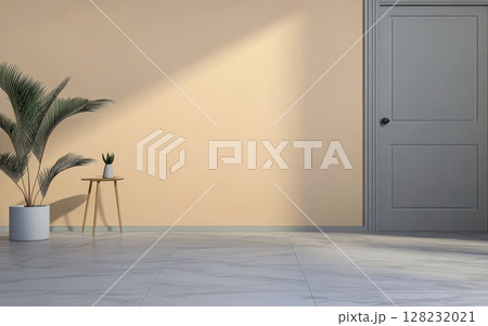 Bright and minimalistic interior with plant and door in soft sunlight during the day 128232021