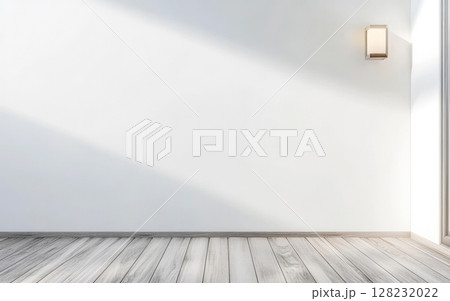 Bright and minimalistic indoor space with wooden flooring and natural light 128232022