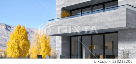 Modern architectural design of a house with striking fall foliage in the background Modern architectural design of a house with striking fall foliage in the background 128232203