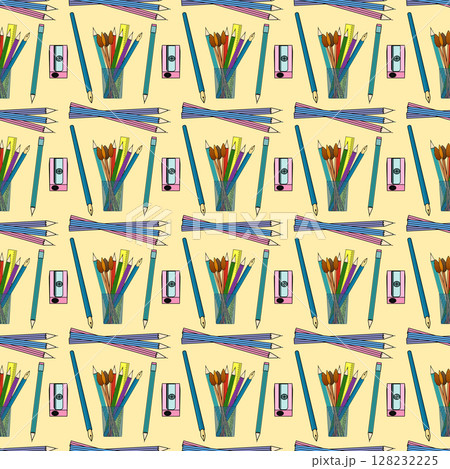 Colorful seamless pattern with pencils, brushes, pens, ruler and sharpener on yellow background. For back to school theme, school or office supplies, stationery design, textile print, wrapping paper. 128232225