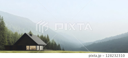 Modern cabin nestled in tranquil mountains during early morning fog Modern cabin nestled in tranquil mountains during early morning fog 128232310