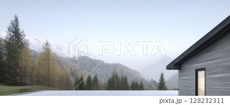 Mountain retreat offers serene views and quiet solitude in a misty landscape 128232311