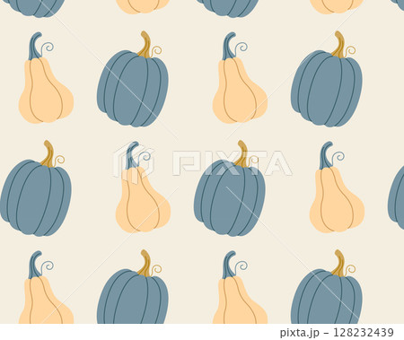 Cute pumpkins drawn by hand. A cosy autumn pattern. Vector illustration 128232439