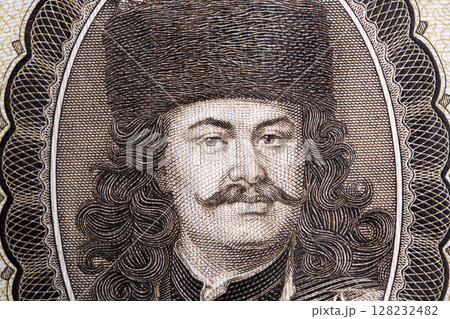Francis II Rakoczi a closeup portrait from old Hugarian money Francis II Rakoczi a closeup portrait from old Hugarian money 128232482