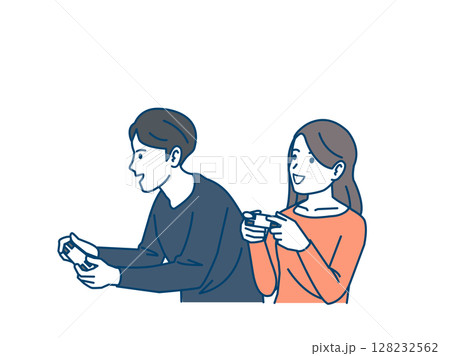 ゲームして遊ぶカップルのイラスト 128232562