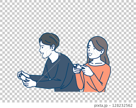 ゲームして遊ぶカップルのイラスト 128232562
