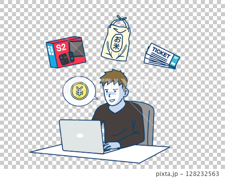 様々な商品を転売する男性のイラスト 様々な商品を転売する男性のイラスト 128232563