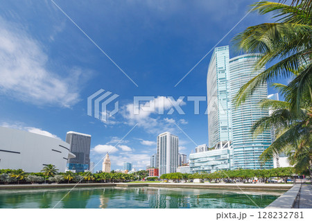 Modern skyline of Miami with towering skyscrapers, tropical vibe, and waterfront views 128232781