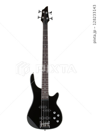 Black electric bass guitar isolated on white with clipping path 128233143