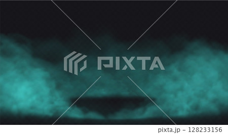 Blue Smoke effect on transparent dark background. Fog cloud above the floor surface with an empty spot 128233156
