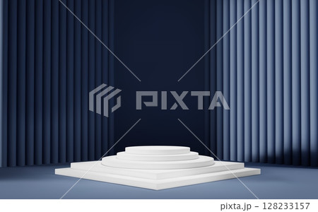 3d grey blue room background with white podium and column. Product display with platform. Abstract geometric light scene. 128233157