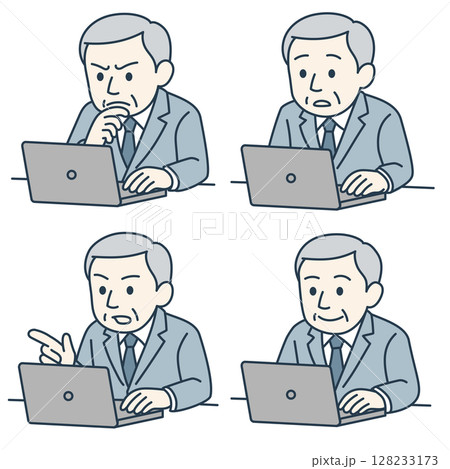 ノートPC作業中のシニア男性・頼れる判断4表情セット(青系カラー) ノートPC作業中のシニア男性・頼れる判断4表情セット(青系カラー) 128233173