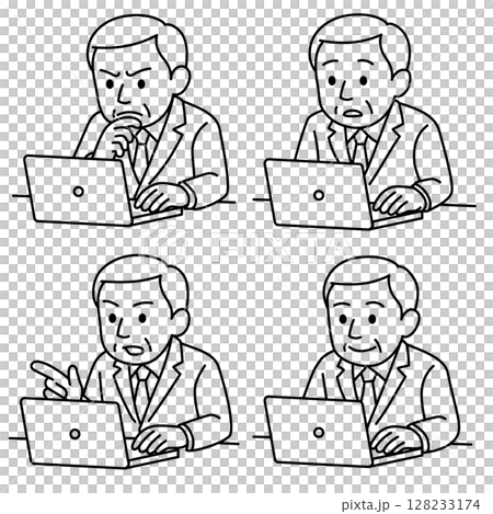 老人在筆記型電腦上工作，可靠的判斷，4 種面部表情集（線條畫） 128233174