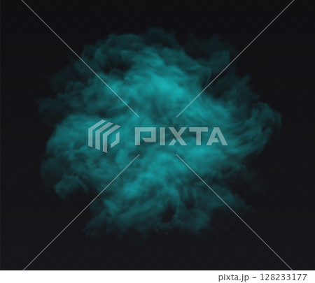 Smoke blue cloud on black transparent background. Fog vector effect 128233177