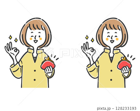 お財布を持っている若い女性 上半身 ベクター お財布を持っている若い女性 上半身 ベクター 128233193