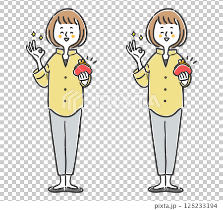女人拿著錢包並做出「OK」手勢，全身，向量圖 128233194