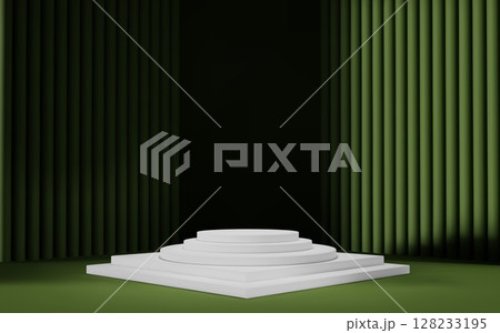 3d dark green room background with white podium and column. Product display with platform. Abstract geometric light scene. 128233195