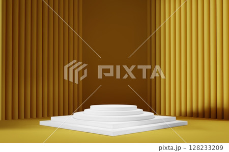 3d yellow room background with white podium and column. Product display with platform. Abstract geometric light scene. 128233209