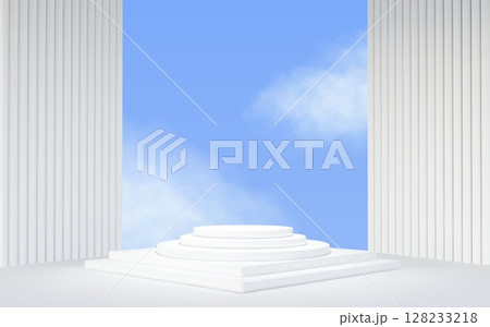 3d white room sky background with podium and column. Product display with platform. Abstract geometric light scene. 3d white room sky background with podium and column. Product display with platform. Abstract geometric light scene. 128233218