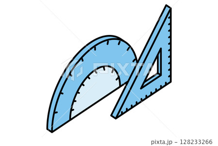 算数で使う三角定規と分度器のシンプルな線画アイコン、アイソメトリックイラスト 128233266