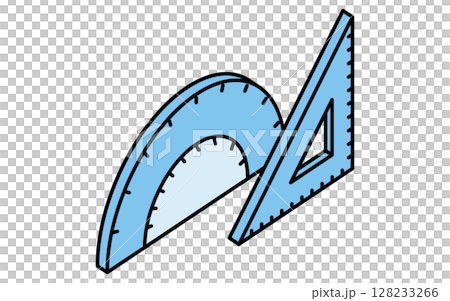 算数で使う三角定規と分度器のシンプルな線画アイコン、アイソメトリックイラスト 128233266