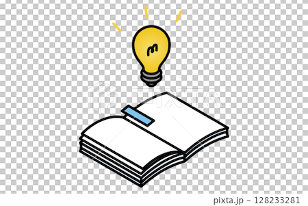 Image of an open book and a glowing light bulb inspiration, simple line icon, isometric illustration Image of an open book and a glowing light bulb inspiration, simple line icon, isometric illustration 128233281