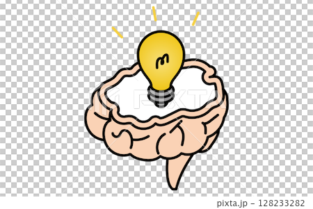 Brain and glowing light bulb inspiration image, simple line icon, isometric illustration 128233282