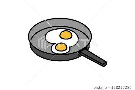 フライパンで焼く目玉焼きのシンプルな線画アイコン、アイソメトリックイラスト フライパンで焼く目玉焼きのシンプルな線画アイコン、アイソメトリックイラスト 128233286