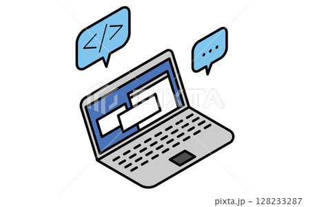 ノートパソコンでプログラミングするシンプルな線画アイコン、アイソメトリックイラスト 128233287